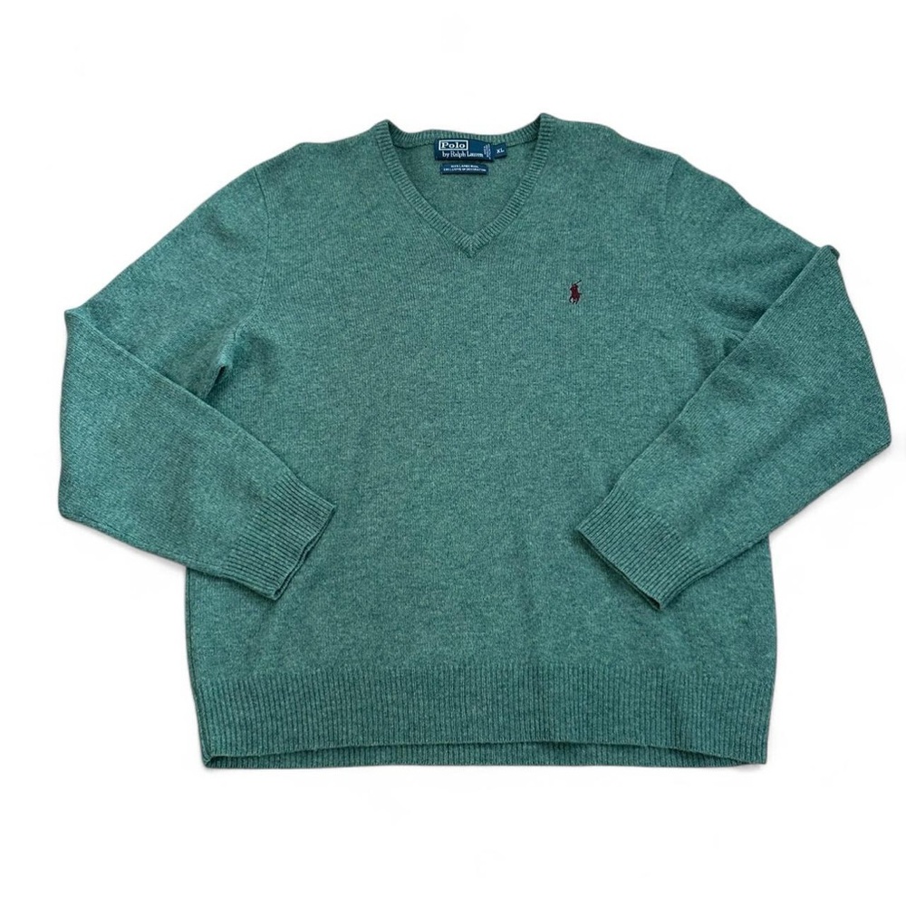 Polo Ralph Lauren Men’s Green Lamb’s Wool Italian Yarn V-Neck‎ Sweater Size XL